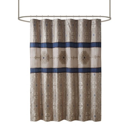Perry Embroidered Shower Curtain Navy, Navy Blue And Beige Shower Curtain