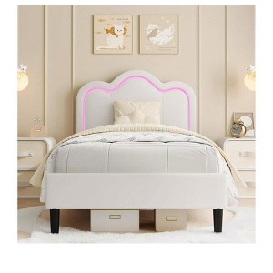 Coucheta Twin PU Bed Frame with adjustable mountain headboard, built-in RGB LED lights, noise-free support. No box spring needed. - 1 of 4