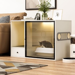 ATJafurn White 37.4 " cat litter box enclosure with glass door and rechargeable magnetic light strip with drawer and litter collection mat - 1 of 4