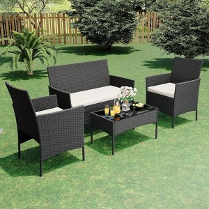 Acekool 4-Piece Outdoor Patio Furniture Set – Wicker Rattan Conversation Set with 2 Chairs, Loveseat & Glass Coffee Table - 1 of 4