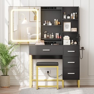 Vanity Desk with Mirror and Lights, Power Outlets, Wood Makeup Vanity Table with Cushioned Chair, Hairdryer Holder, 4 Drawers and 5 Storage Shelves - 1 of 4