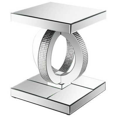 Silver Mirrored Glass Square End Table with Rings Base
