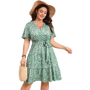 YESFASHION Women Plus Size V Neck Wrap Dress High Waisted Short Sleeves Casual Summer Midi Dress with Belt - 1 of 4