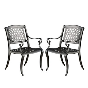 Dining Chairs Set Of 2, Mesh-style Backrest Seat Arm Chairs, Aluminum Arched Indoor Outdoor Patio Floral Accent Side Chairs For Backyard Garden - 1 of 4