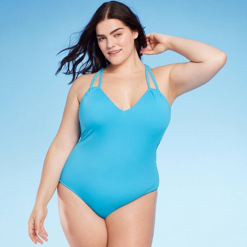 Women's Tunneled Plunge One Piece Swimsuit - Shade & Shore™ Turquoise Blue  17 : Target