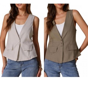 INSPIRE CHIC Women's Sleeveless Linen Button Down V Neck Faux Flap Pocket Lightweight Summer Vest 2 Packs - 1 of 4