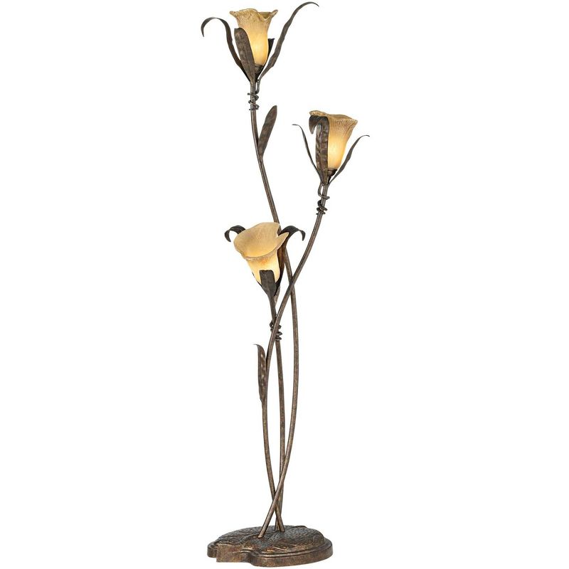 Franklin Iron Works Rustic Floor Lamp with USB Charging Port 3-Light 68 1/4" Tall Bronze Gold Lily-Shaped Amber Shade Living Room, 1 of 9