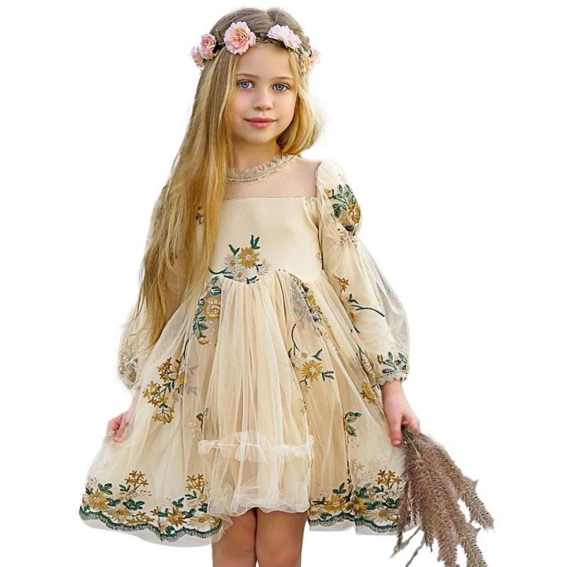 Girls Flower Embroidered Lace Dress - Mia Belle Girls, 1 of 6