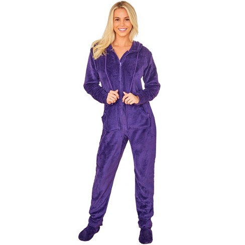 ADR Women's Hooded Footed Pajamas, Plush Adult Onesie, Winter PJs with Hood  Deep Purple 2X Large