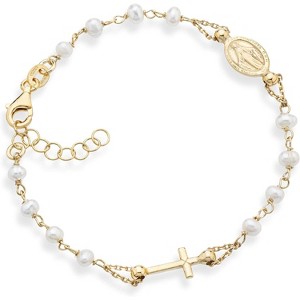Miabella 18K Gold over 925 Sterling Silver Handmade Italian 3.5-4mm White Cultured Freshwater Pearl Rosary Cross - 1 of 4