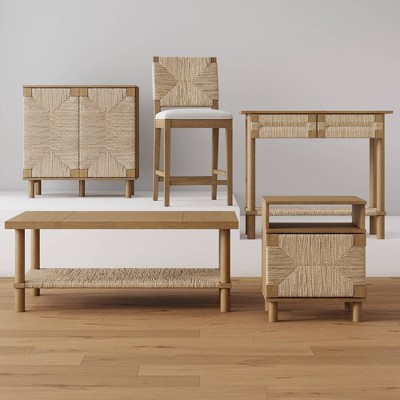 Beacon Bohemian Counter Height Bar Stool with Seagrass Backrest and Cream Boucle Seat