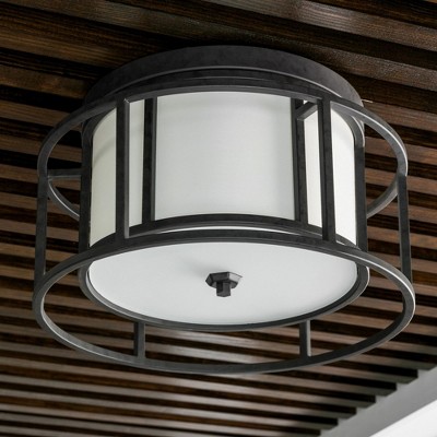 Matte Black Steel and Glass Drum Flush Mount Light