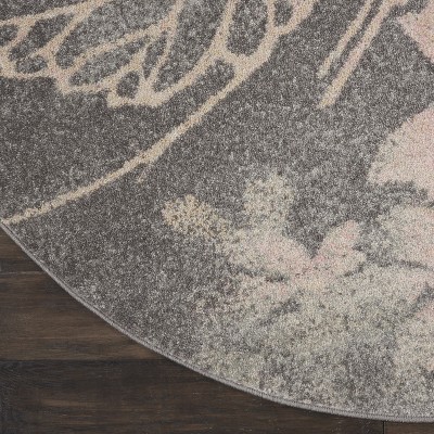 Elysian Blooms 63'' Grey and Pink Floral Round Area Rug