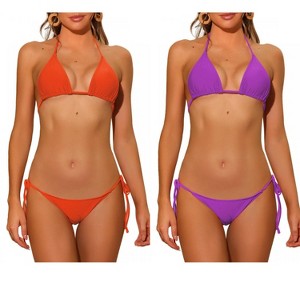 INSPIRE CHIC Women's Halter Tie Side Low Waist Triangle Bottom Basic Bikini Sets 2 Sets - 1 of 4