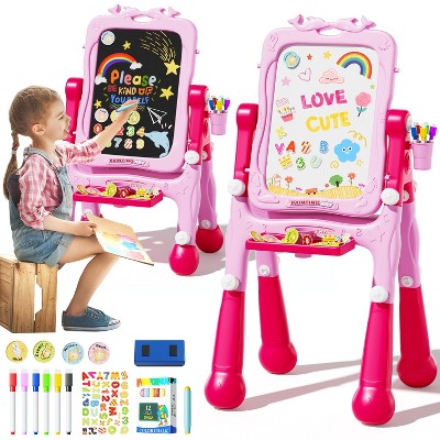 Skirfy 4-in-1 Art Easel for Kids, Double-Sided Rotatable Large Magnetic Chalkboard with Painting Accessories, Toddler Activity Table for Girls