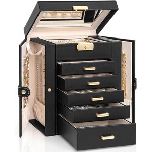 4-Tier Leather Jewelry Box with 3 Drawers Lockable Mirror and Organizer - 1 of 4