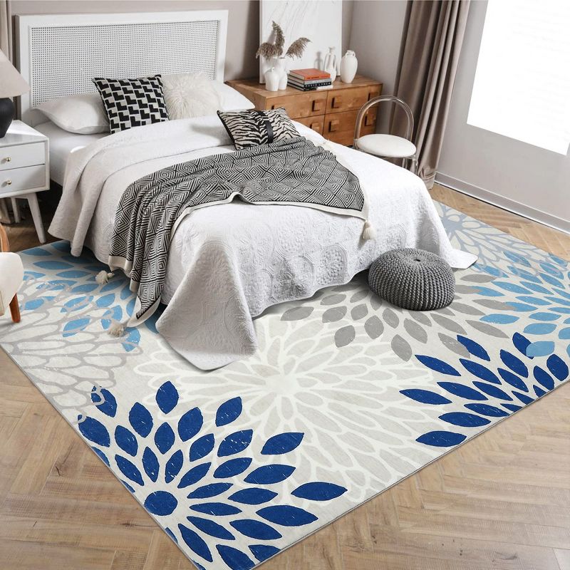 Modern Area Rug for Living Room Bedroom Boho Floral Washable Rug, 8' x 10' Beige Blue, 3 of 9