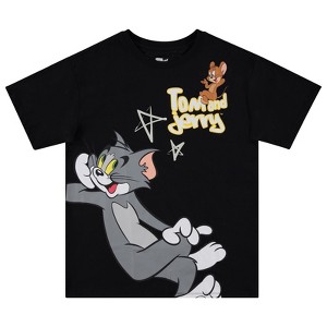 Ladies Tom & Jerry Battle Shirt - Vintage Hanna Barbera Cartoon - Cat and Mouse Multi Print Boyfriend T-Shirt - 1 of 4