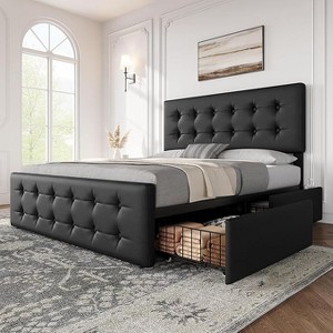 Bed Frame with 4 Storage Drawers & Adjustable Headboard - PU Leather Upholstered Platform Bed, Button Tufted Design - 1 of 4
