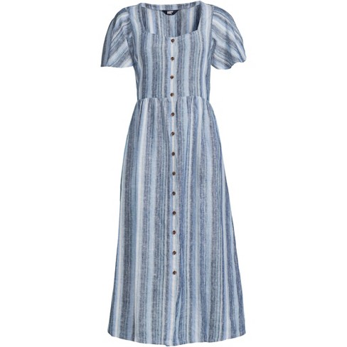 Lands' End Women's Petite Linen Sweetheart Button Front Midi Dress -  X-Small - Pale Slate Blue Multi Stripe