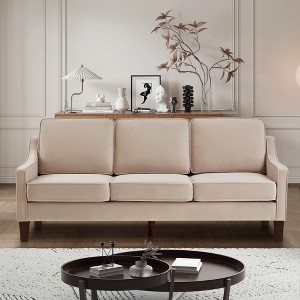 74" Velvet 3-Seater Sofa with Scooped Armrest, Wood Legs, and Removable Cushions - 1 of 4