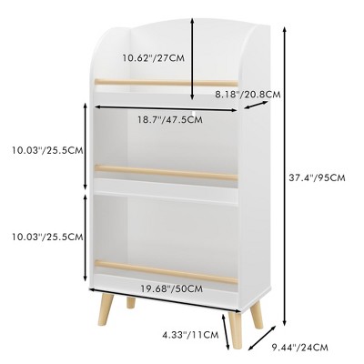 Dimensional diagram of SeaCamel kids 3-tier white bookshelf with measurements