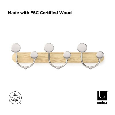 Natural Wood and Nickel 9-Hook Wall Mounted Coat Rack