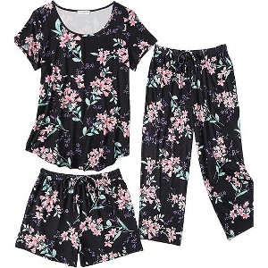 Ekouaer 3 PCS Capri Pajamas for Women Set Short Sleeve Pajama Sets Floral Pj Sets Soft Sleepwear with Pockets - 1 of 4