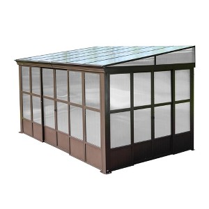 Mondawe 10x12FT Lean to Sunroom Wall Mounted Solarium with Sloping Polycarbonate Roof, Detachable Screens and 2 Lockable Sliding Doors - 1 of 4