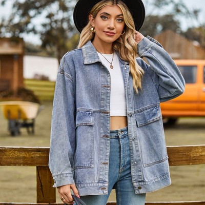 Coolmee Women's Jean Jackets Trendy Button Up Denim Shirt Jacket Oversized Long Sleeve Coat Fashion Clothes with Pockets