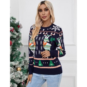 Women's Ugly Christmas Sweater Snowflake Print Crewneck Knit Top Holiday Party Pullover Navy Blue XL - 1 of 4