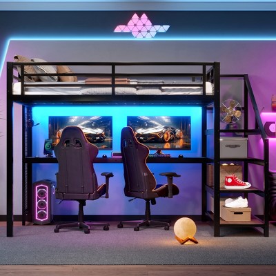 ORRD Full Metal Gaming Loft Bed with Desk, Storage Stairs, LED & USB Ports, Black