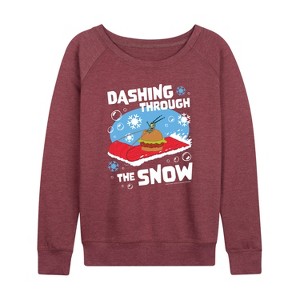 Women's - SpongeBob SquarePants - Dashing Through The Snow Lightweight French Terry Wide Neck Long Sleeve Shirt - 1 of 4