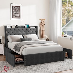 Full/Queen Bed Frame with 4 Storage Drawers and Wing Back Headboard No Spring Box Charging Station - 1 of 4