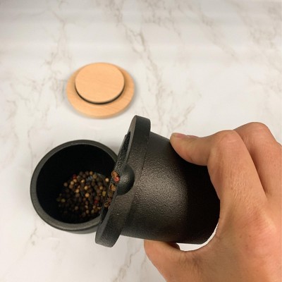 Compact Black Cast Iron Spice Grinder with Beech Wood Lid