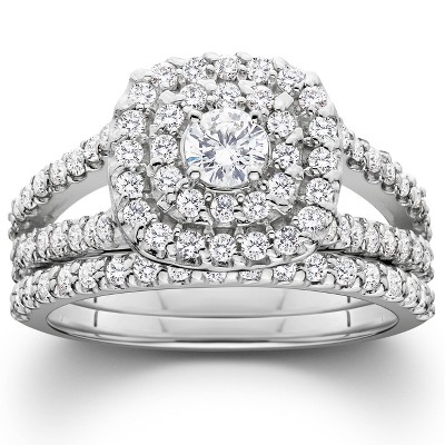 Pompeii3 1 1/10ct Diamond Cushion Halo Engagement Wedding Ring Set White Gold