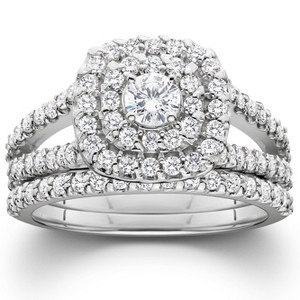 Pompeii3 1 1/10ct Diamond Cushion Halo Engagement Wedding Ring Set White Gold - 1 of 4