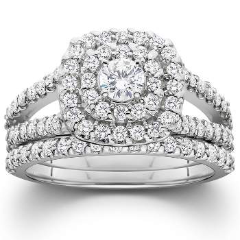 Pompeii3 1 1/10ct Diamond Cushion Halo Engagement Wedding Ring Set White Gold