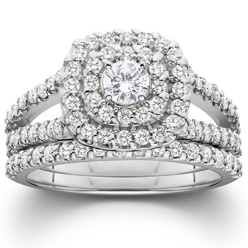 Pompeii3 1 1/10ct Diamond Cushion Halo Engagement Wedding Ring Set White Gold - image 1 of 4