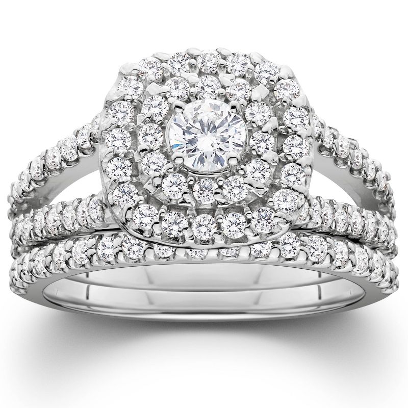Pompeii3 1 1/10ct Diamond Cushion Halo Engagement Wedding Ring Set White Gold, 1 of 6