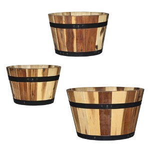 Classic Home and Garden Acacia Natural Wood Whiskey Barrel Planter with Black Metal Band, Assorted Sizes (Set of 3) - 1 of 4