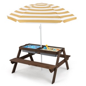 Costway 3-in-1 Kids Picnic Table Wooden Outdoor Sand & Water Table with Umbrella Play Boxes Natural/Blue/Green - 1 of 4