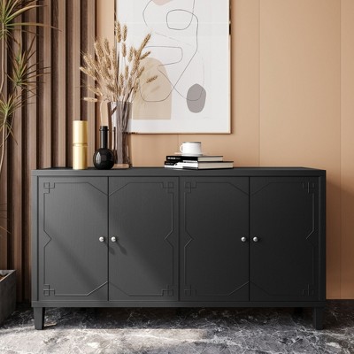 Matte Black 4-Door Wooden Accent Cabinet - Sideboard Buffet Server for Living Room, Entryway, Hallway, Office, Kitchen and Dining Room