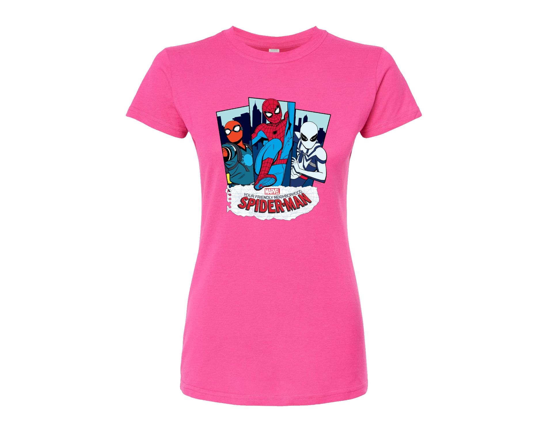 Women's Marvel Friendly Neighborhood Spider-Man Suits Fitted Graphic T-Shirt - Fuchsia - Medium