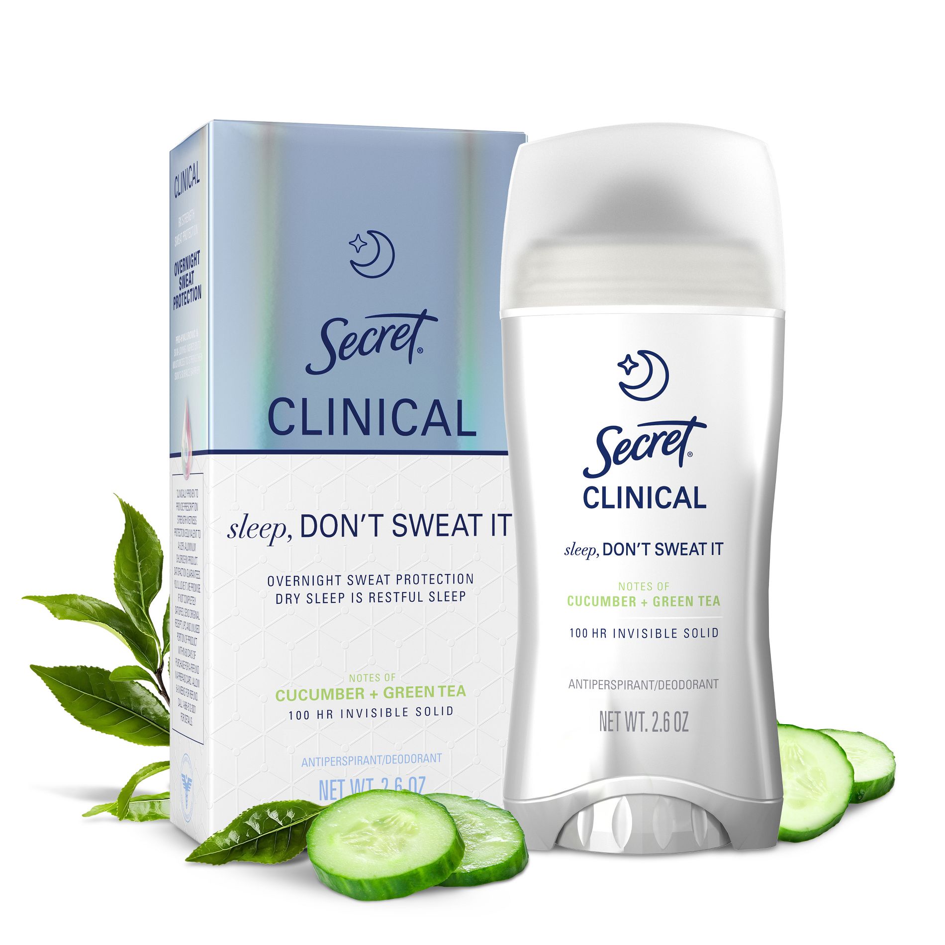 Secret Clinical 100HR Relief & Comfort Overnight Deodorant for Women - Cucumber & Green Tea - 2.6oz