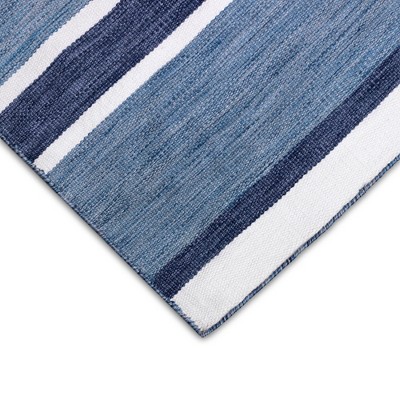 Nautical Navy Stripe 8' Square Handmade Indoor/Outdoor Rug