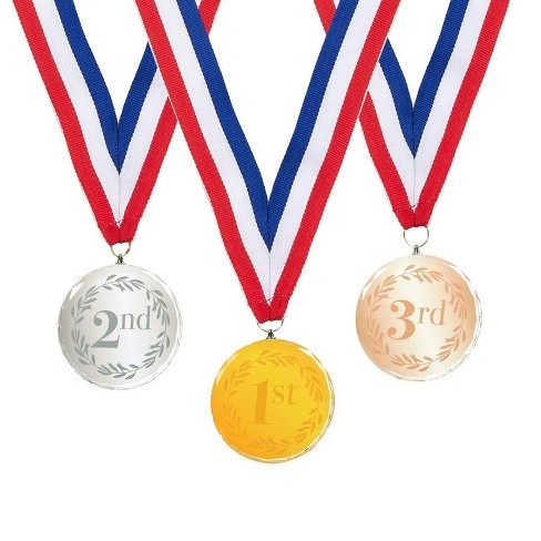 1ST 2ND 3RD PLACE MEDALS GOLD SILVER BRONZE W/ NECK RIBBON STAR SERIES DESIGN 