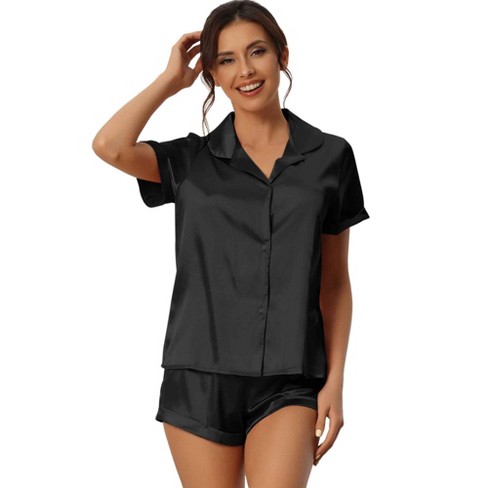 cheibear Women's Satin Button Short Sleeve Shirt and Shorts 2 Pcs Pajama  Set Black Medium