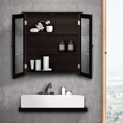 Espresso Two-Door Wall Cabinet with Waffle Glass Panels