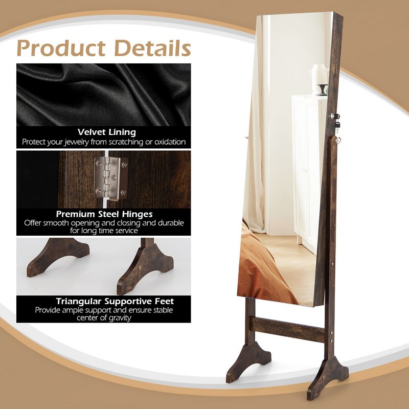 Costway Standing Jewelry Cabinet Armoire Frameless Full Length Mirror Lockable White\Brown, 5 of 10